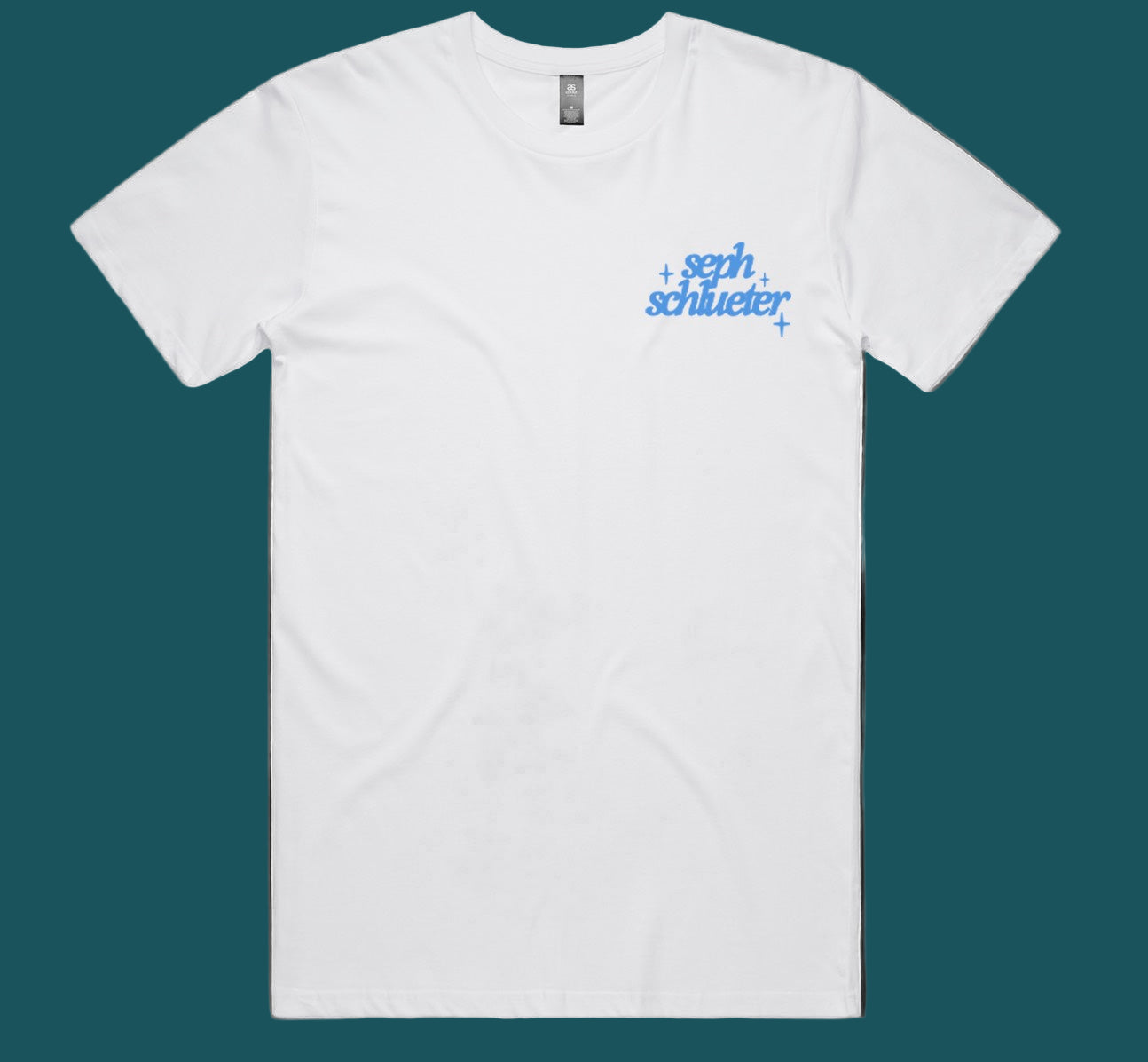 White t-shirt with blue Seph Schlueter on the wear left chest