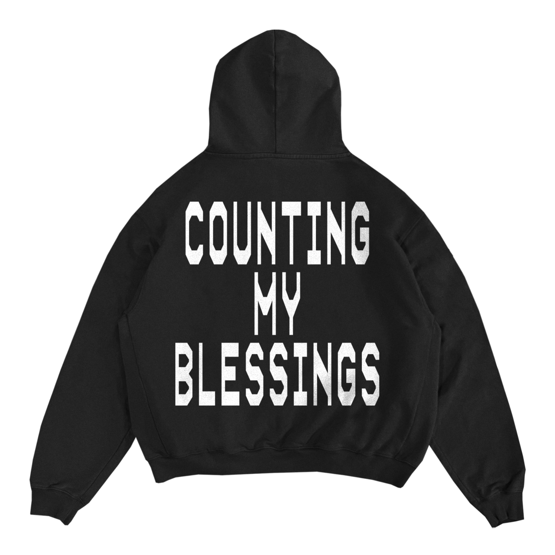 Black hoodie with large, white text that says 'COUNTING MY BLESSINGS'.
